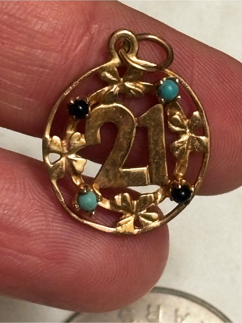 10k '21' Number Charm Pendant with Turquoise & Black Accents